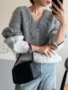 FRIFUL Women's V-Neck Ombre Fluffy Loose Fit Casual Pullover Sweater, Thickened And Thermal Lined - Grey - View 4
