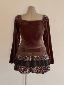 Sunspun 大码撞色蕾丝V领修身弹力T恤，初秋 - 棕色 - 查看 2