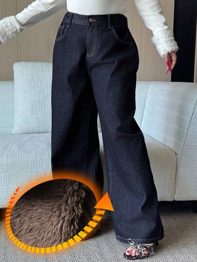 Dazy Plus Jeans rectos de pierna larga con forro térmico, cintura con parches y cordón, lavado azul oscuro, talla grande, para todo el año, invierno