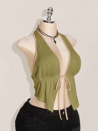 SHEIN ICON Blusa de punto negra con lazo en el cuello y espalda descubierta, talla grande, con tirantes con lazo delantero, top básico de cuello de halter estilo Y2K