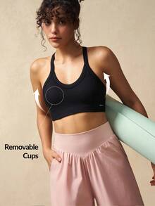 VARSIVA Sutien sport pentru femei, cu nervuri, crop, ajustat, casual, fitness, sport, maiou - Negru - Vizualizare 1