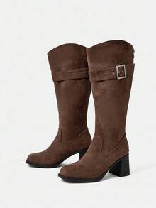 Styleloop Sepatu bot wanita modis setinggi lutut, desain hak tebal ujung persegi, warna cokelat polos, ritsleting samping dengan desain multi-tali, cocok untuk musim gugur/musim dingin, peragaan busana, bepergian, sepatu bot hiu wanita bergaya untuk pesta Halloween. - Coffee Brown - View 8