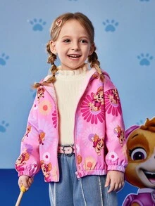 SHEIN | PAW Patrol 少女可爱卡通花卉和粉色小狗全身印花宽松落肩拉链羊毛夹克，秋冬 - 粉色 - 查看 7