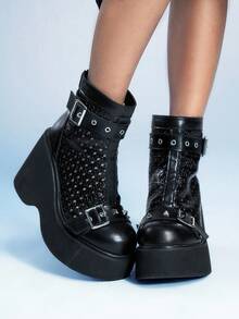 Sugerpunk 女士舒适透气踝靴，适合休闲派对，哥特式金属扣双带后拉链设计，黑色朋克风厚底粗跟踝靴，夏季必备 - 黑色 - 查看 11