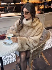 Aloruh 女士休闲保暖高领仿皮草外套，秋冬季，套头仿皮草连帽衫，卡其色仿皮草上衣，纯色长袖套头夹克，复古千禧风，街头风，商务休闲女装，通勤外套，办公室着装，女士工作服，女士秋季穿搭，秋季服装 - 灰色 - 查看 9