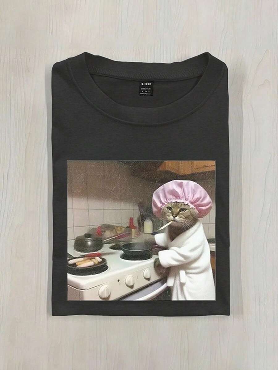INAWLY 女式修身T恤，饰有有趣的猫咪厨师图案，休闲夏季上衣 - 深灰色 - 查看 1