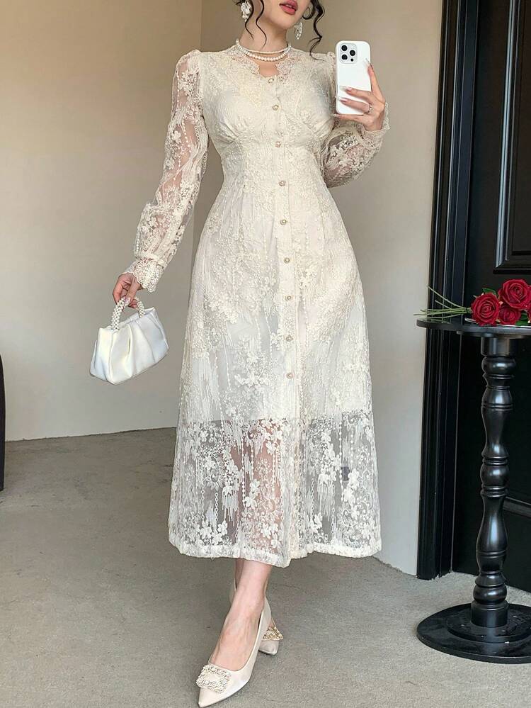 Vestido de fiesta elegante de longitud media con cuello en V, mangas abullonadas y encaje para mujer, vestido de graduación de otoño de largo maxi - Albaricoque - Ver 10