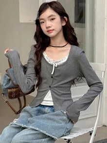 DAZY 少女甜美风格修身T恤，秋季 - 灰色 - 查看 5