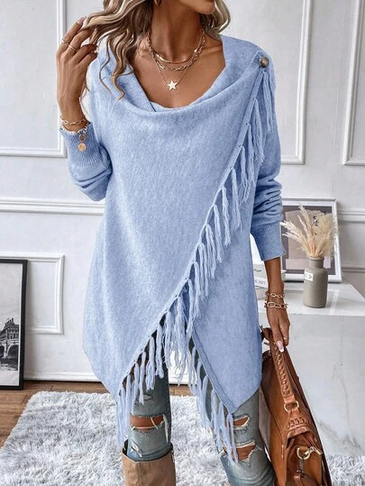 EMERY ROSE Fringe Trim Draped Collar Wrap Cardigan Asymmetrical Sweater Women Dresses Sweaterelegant Sweaterlong Sweaterlong Sleeve Sweater Women Long Sleeve Tops Long Sleeve Fringe Top Blue Long Sleeve Top Fringe Top Tassel Top
