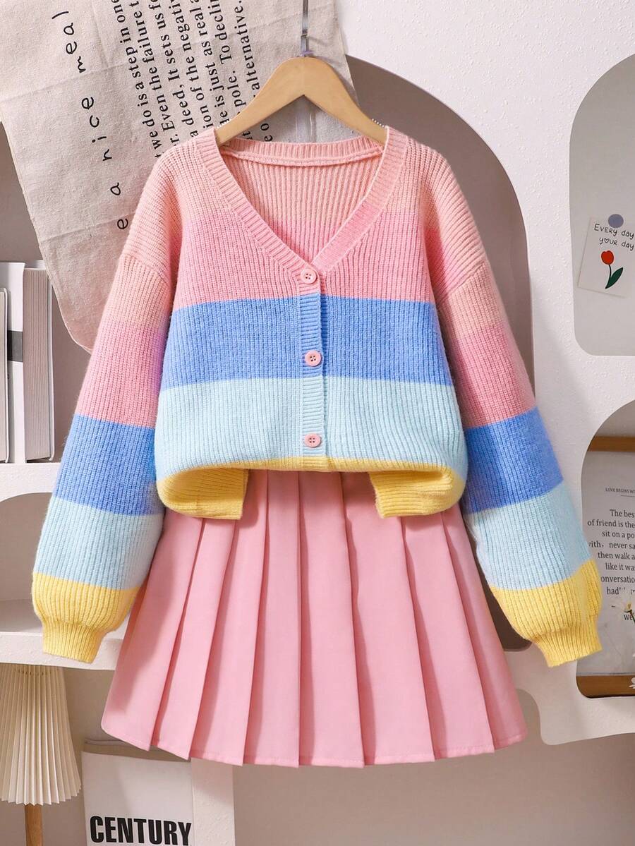 SHEIN Sparklyn 2件套女童彩虹毛衣和百褶裙套装，甜美校园风，适合秋季 - 粉色 - 查看 1
