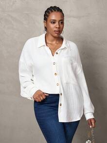 SHEIN Tall CURVE 大码落肩口袋贴片纽扣衬衫，长袖上衣 - 米色 - 查看 7