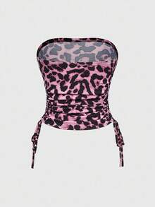 ROMWE Spring/Summer Valentine's Day 2pcs Women's Sexy Outfit - Rhinestone Letter & Leopard Print Strapless Crop Top And Drawstring Pants Set - Pink - View 6