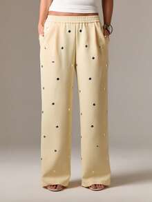 AiiRZ Studded Wide Leg Palazzo Pants With Polka Dot Pattern High Rise Elastic Waist Casual Trousers