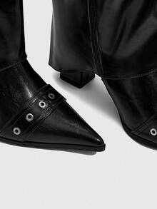 CUCCOO SZL High Shaft Pointed Toe Chunky Heel Side Zipper European And American Fashion Women Boots - Black - View 3