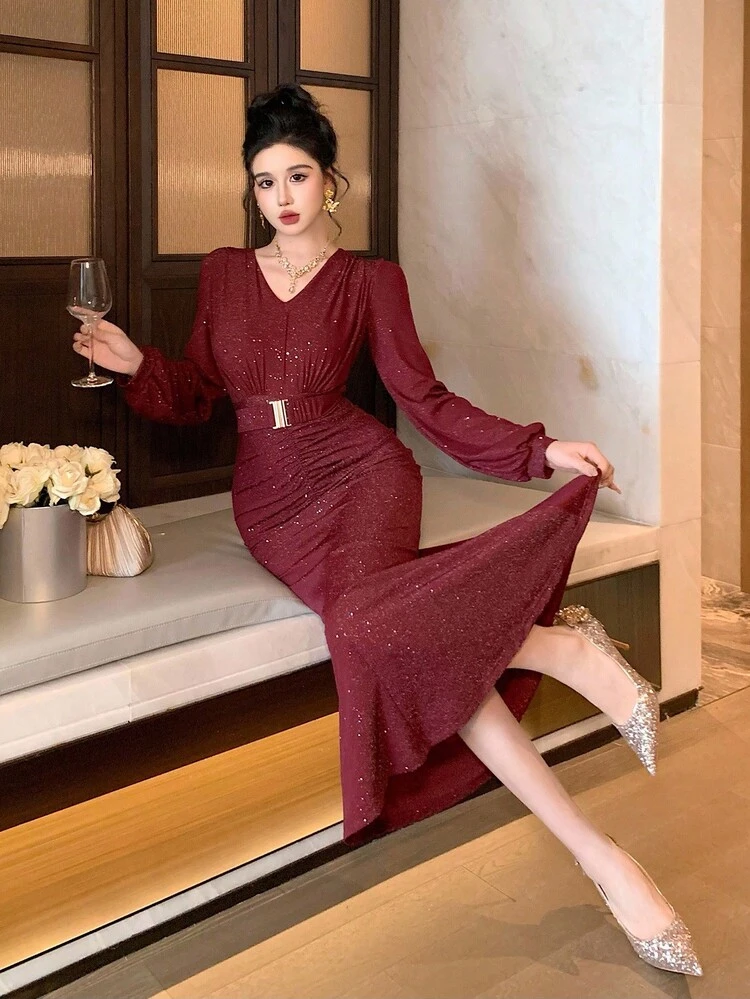Party Gathering V-Neck Long Sleeve Midi Dress For Women Red Women Dresses Prom Dress,New Year,Christmas Elegant Women Dresses Sparkly Dress