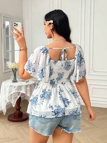 Soleia Blusa holgada de manga corta con volantes con estampado floral azul y de estilo boho vacacional para mujer de talla grande, para el verano