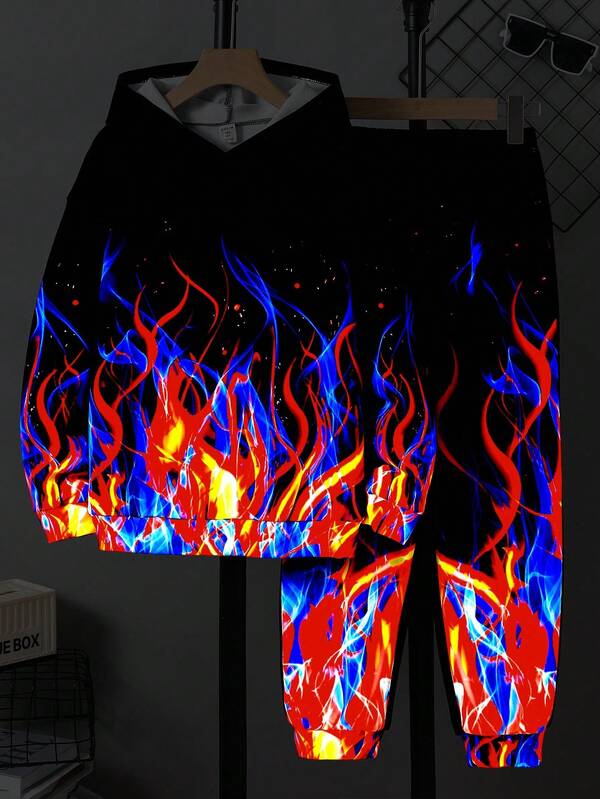 SHEIN 2件套青少年男童休闲街头时尚夜光连帽衫和运动裤套装，适合通勤、上学、休闲外出、运动、秋冬季节、冬季套装、冬季服装、秋季穿搭、秋季服装、儿童服装、黑色上衣、黑色裤子。