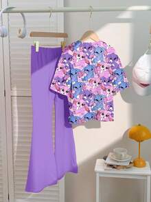 SHEIN Leap Crew 2件套可爱卡通蓝色兔子露露，缝线图案少女休闲简约短袖圆领T恤和喇叭裤套装，紫色 - 彩色 - 查看 2