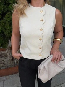 Jeta Ari 女式夏季金属海星装饰无袖圆领衬衫 - 杏色 - 查看 3