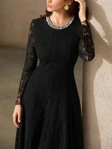 Aveloria Rosie Beaded Lace Trim Fitted Dress - Black - View 3