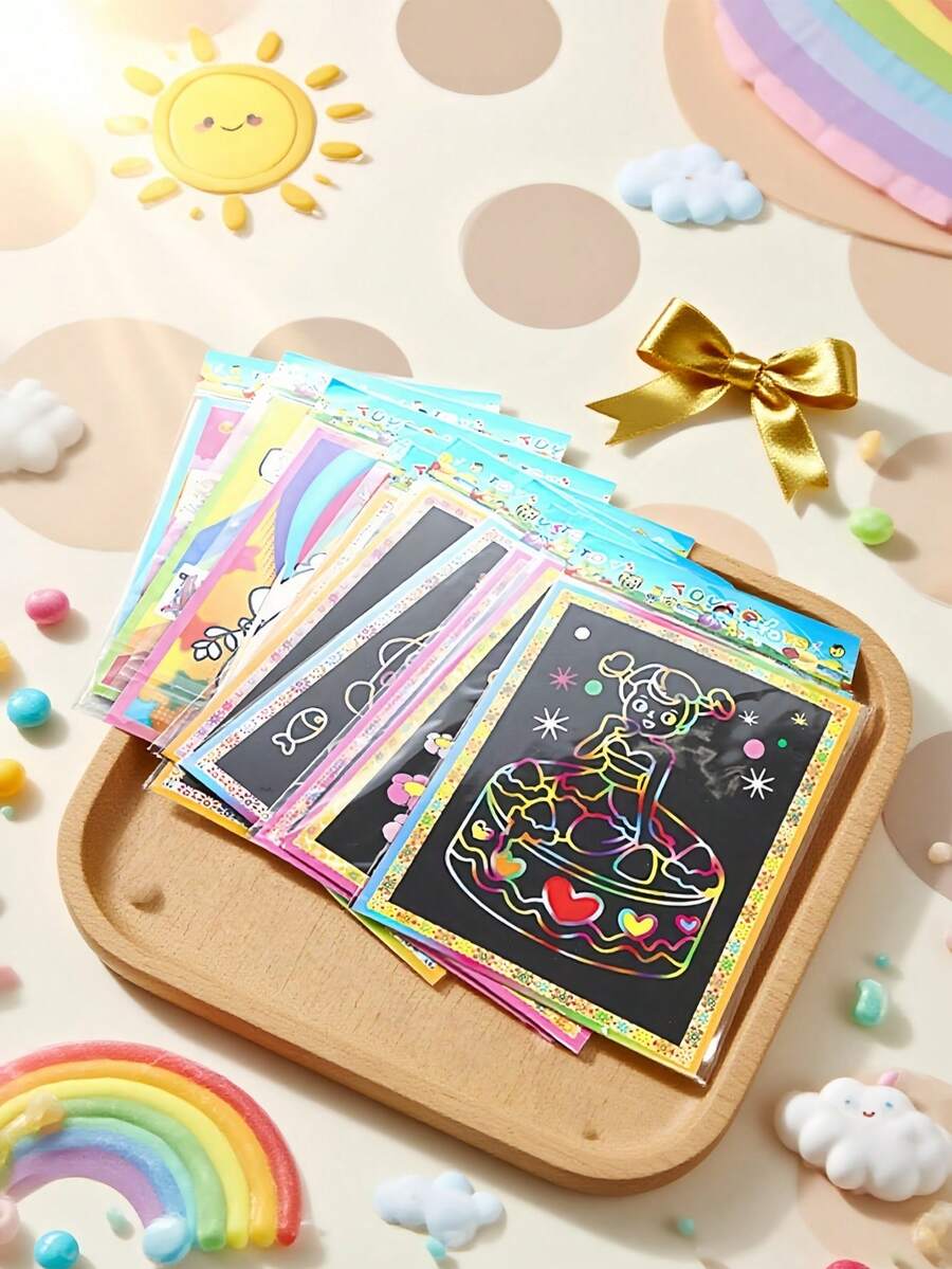 SHEIN 25PCS Magic Scratch Art DIY Creative Cards Scratch Paper Learning Education Kit With Bamboo Stylus For Artistic Fun Craft Activities Stress Relief Creative Expression Relaxing Hobby