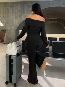 SHEIN EZwear 大码休闲家居服简约露肩粗条纹两件套 - 黑色 - 查看 2