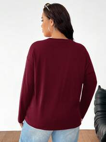 SHEIN EZwear 女式加大码休闲纯色宽松圆领长袖 T 恤 - 酒紅色 - 查看 2