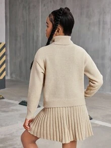 Setelan Kasual Anak Perempuan Remaja Warna Polos, Sweater Lengan Panjang Model Bahu Longgar dan Rok Mini Lipit, Musim Gugur/Musim Dingin - Navy Blue - View 2