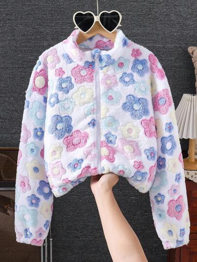 SHEIN 1pc Girls Floral Print Zip-Up Stand Collar Furry Jacket, Casual Outerwear For Autumn/Winter Fall