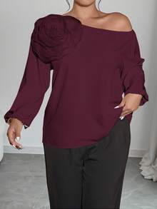 Cravure Blusa elegante e minimalista da donna con spalle scoperte, maniche lunghe e decorazione floreale 3D color albicocca, adatta per l'estate - Viola viola - Visualizzare 5