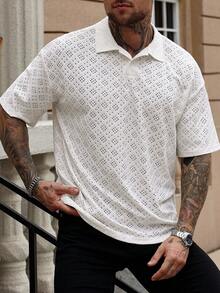 Manfinity Homme 男士休闲纯色提花 Polo 衫，夏季男士钩针 Polo 衫男士蕾丝 Polo 衫男士孔眼 Polo 衫 - 杏色 - 查看 5