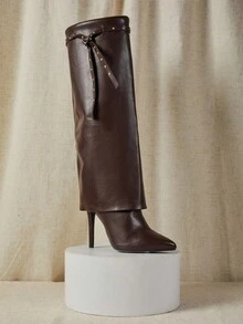 SHUZIA Women's Glamorous Pointy Toe Stiletto Heel Knee High Boots With Rivet Strap Decor - Chocolate Brown - View 3
