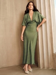 Anewsta New French Shoulder Ruched V-Neck High Waist Fitted Purple Midi Dress, Suitable For Wedding Guest, Autumn, Fall, Spring, Going Out, Elegant, Formal, Party, Chic, New Year, Christmas, Graduation - Green - View 3