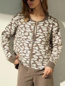 GENKIRA Leopard Print Jacquard Zip-Up Jacket And Wide Leg Floor Length Pants 2 Pieces Set - Multicolor - View 1