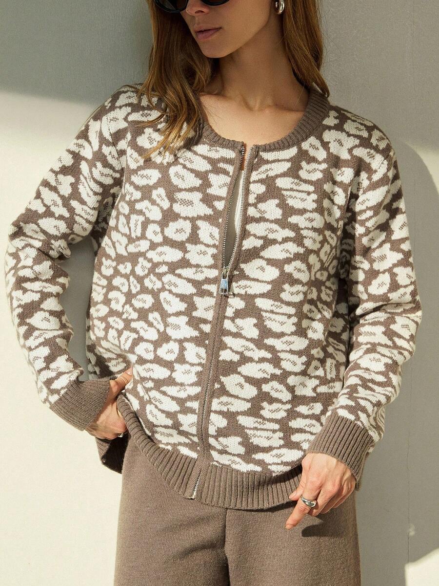 GENKIRA Leopard Print Jacquard Zip-Up Jacket And Wide Leg Floor Length Pants 2 Pieces Set - Multicolor - View 1