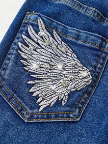 Girlism 少女时尚休闲 Y2K 复古酷炫街头风，重返校园学院风，闪耀立体钻石镶嵌翅膀刺绣图案，深蓝色牛仔弹力修身喇叭裤，柔软日常穿着，秋冬锐舞节和街头风，镶钻喇叭裤，靴型裤，镶钻翅膀 - 藍色 - 查看 2