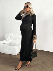SHEIN 豹纹拼布兔毛针织孕妇装，复古优雅高端修身经典黑领连衣裙 - 黑色 - 查看 5