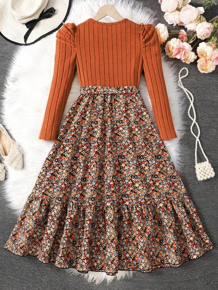 SHEIN Vestido de niña preadolescente de manga larga con cuello redondo, tejido en color marrón, estilo bohemio, con parches y estampado floral pequeño, adecuado para otoño e invierno, vestido de invierno para vacaciones, vestido de largo medio para niñas - Marrón - Ver 2