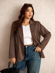 Elaquor Blazer informal de manga larga holgado a rayas de estilo retro para mujer de talla grande, conjunto de ropa de mujer con blazer marrón, ropa de mujer para otoño e invierno