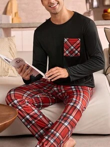 Manfinity Underwear&Sleepwear Basics Plus Size Men's Pajama Set (Long Sleeve Top And Pants, 2 Pieces) - Red - View 1