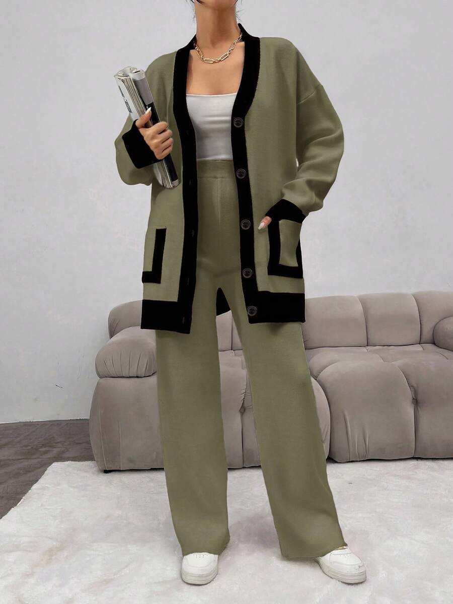 EURMUSE Women's Contrast Color Button Front Drop Shoulder Long Sleeve Pocket Loose Cardigan And Pants Knit Two Pieces Set - Army Green - View 1