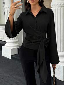 EMERY ROSE Women's Solid Color Twist Shoulder Long Sleeve Casual Versatile Blouse - Black - View 3