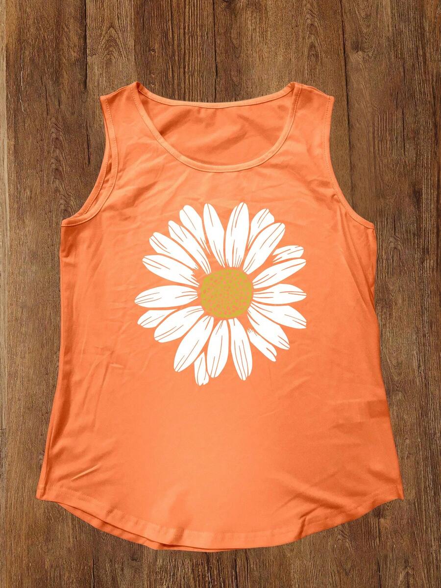 女式菊花花卉自然图案休闲圆领无袖背心，夏季 - 橘色 - 查看 1