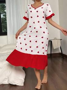 SHEIN Color Block Ruffle Trim Red Heart Print V-Neck Short Sleeve Nightgown, Moo Moo Night Dress - Red - View 4