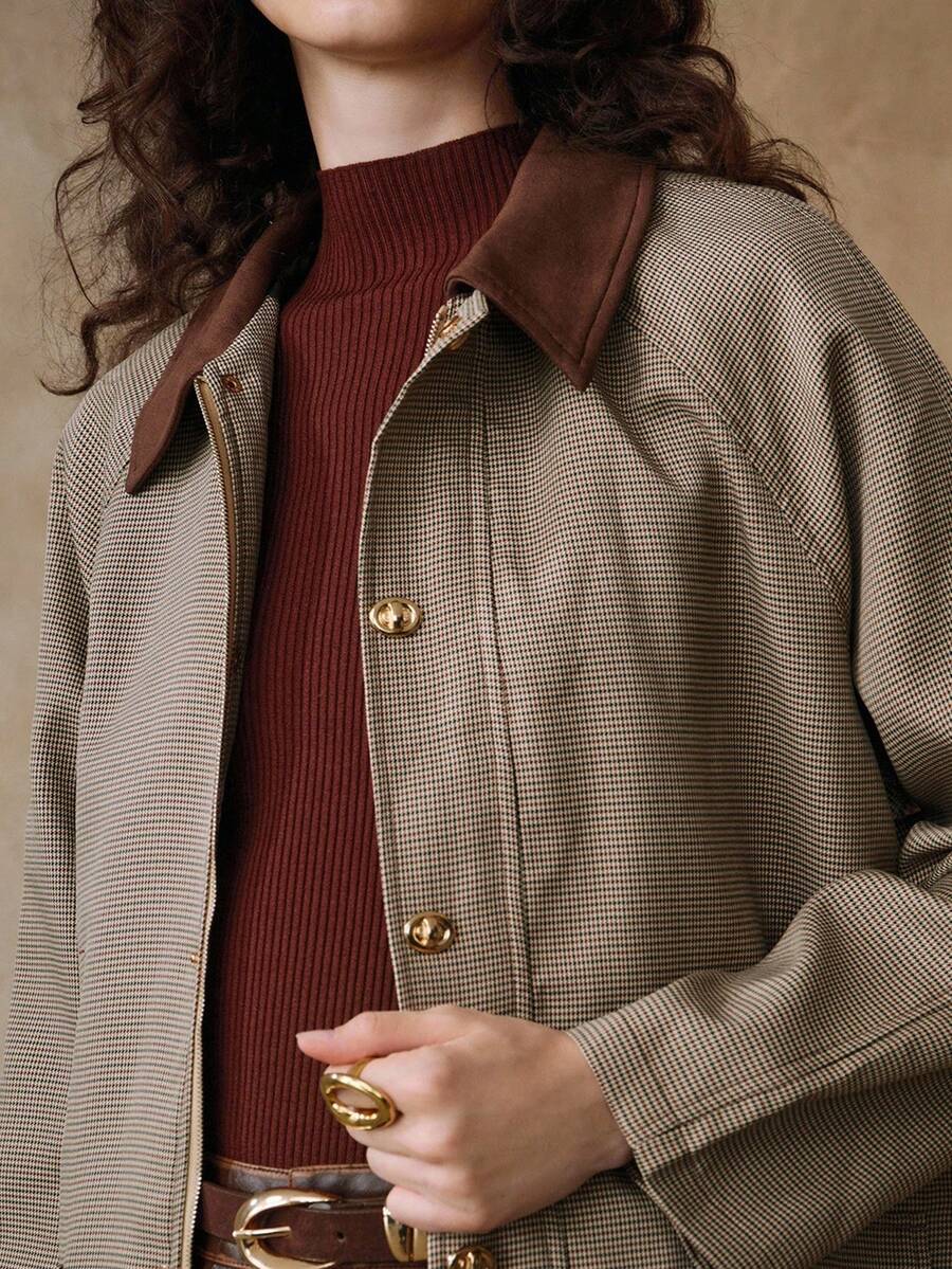 Revavyn 复古格子领拼布撞色高端时尚优雅百搭通勤设计夹克 - 咖啡棕 - 查看 1
