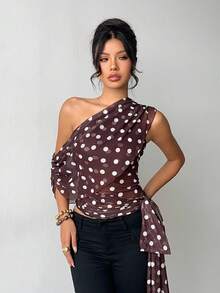 Aloruh 女士优雅不对称腰部透视系带露肩波尔卡圆点印花衬衫 - 彩色 - 查看 6