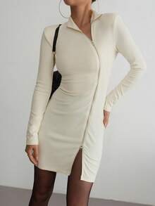 Aidyla 秋冬季修身高领不对称拉链针织中长连衣裙，修身拉链连衣裙 - 白色 - 查看 8