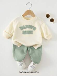 Cozy Pixies 2pcs Baby Boy Letter Print Soft Knit Crew Neck Long Sleeve Sweatshirt And Elastic Waist Jogger Pants Set - Mint Green - View 1
