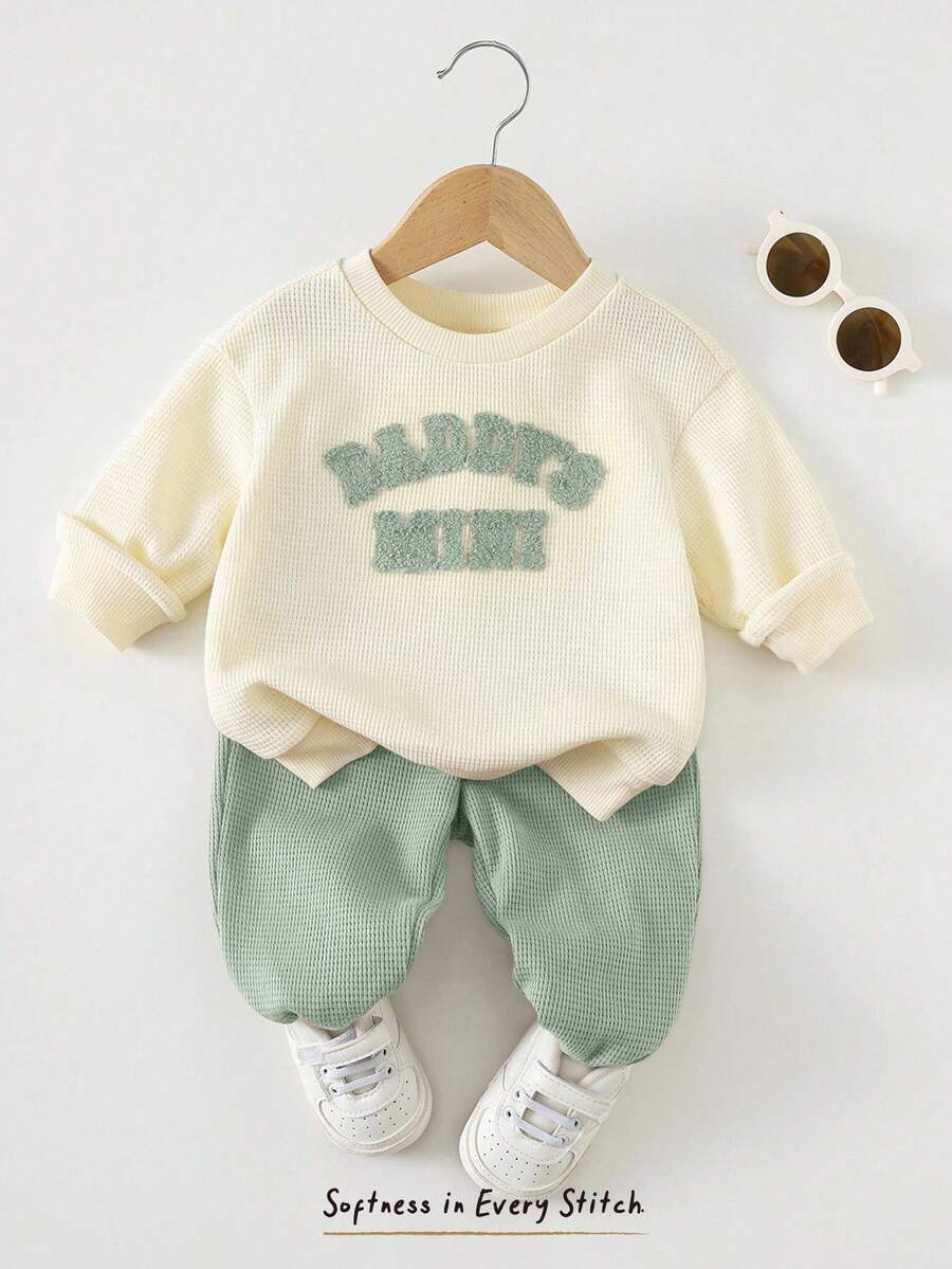 Cozy Pixies 2pcs Baby Boy Letter Print Soft Knit Crew Neck Long Sleeve Sweatshirt And Elastic Waist Jogger Pants Set - Mint Green - View 1
