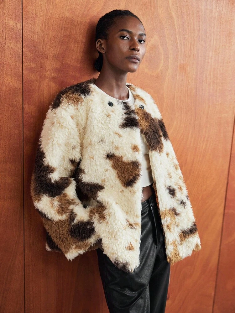 SHEIN Maija Women's Fashionable Color Block Faux Fur Jacket, Autumn/Winter  Brown Winter Clothes For Women Women's Winter Clothes